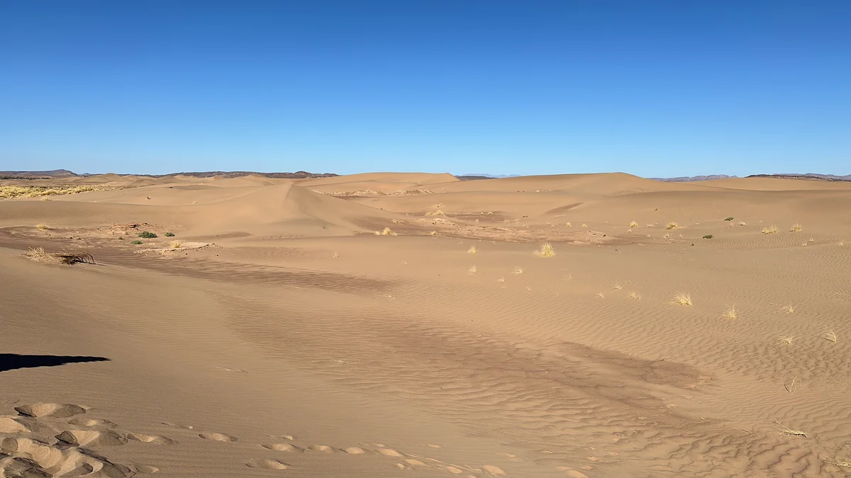 Wind-rippled Sahara sand dunes near M'Hamid El Ghizlane at the end of the Draa Valley